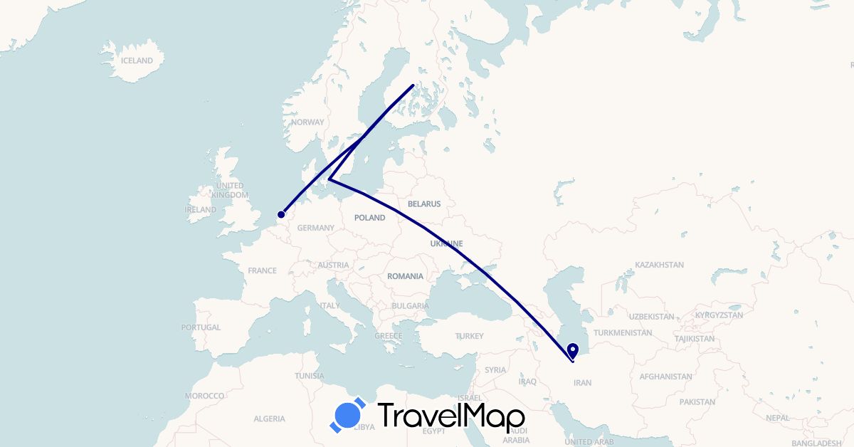 TravelMap itinerary: driving in Denmark, Finland, Iran, Netherlands, Sweden (Asia, Europe)